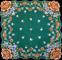 Burmel Roses and Flowers on Green Vintage Handkerchief