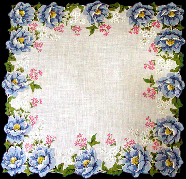 Blue Anemones Vintage Floral Handkerchief, Burmel