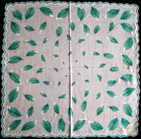 Aqua Leaves Vintage Handkerchief, Burmel Original Scalloped