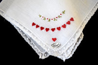 Burmel Embroidered Valentine Hearts w Lace Vintage Handkerchief