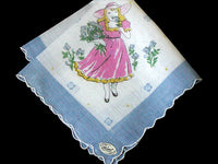 Girl Smelling Roses Vintage Handkerchief Burmel Original New Old Stock