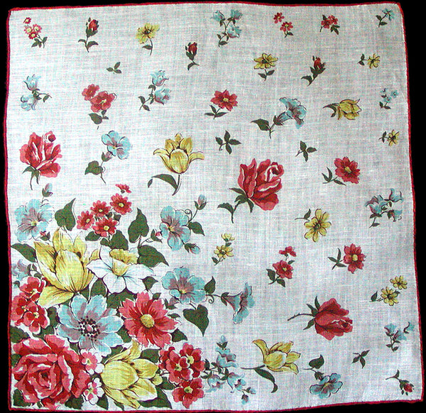 Burmel Roses Tulips Daffodils Vintage Linen Handkerchief