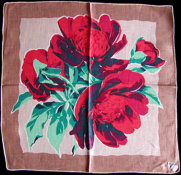 Big Red Peonies Vintage Irish Linen Handkerchief, Herrmann