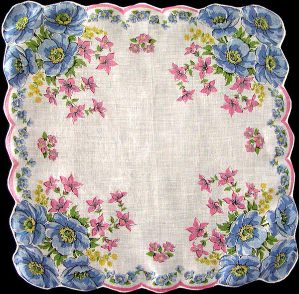 Burmel Original Blue Poppies Vintage Irish Linen Handkerchief
