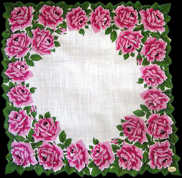 Pink Rose Border Vintage Handkerchief, Burmel Orig