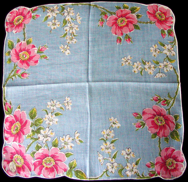Anemone & Dogwood Irish Linen Vintage Handkerchief, Burmel Orig