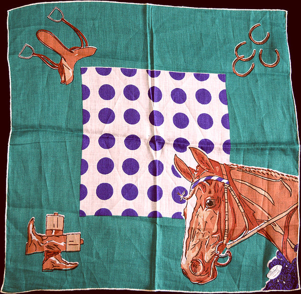 Burmel Equestrian Horse Irish Linen Vintage Handkerchief Green