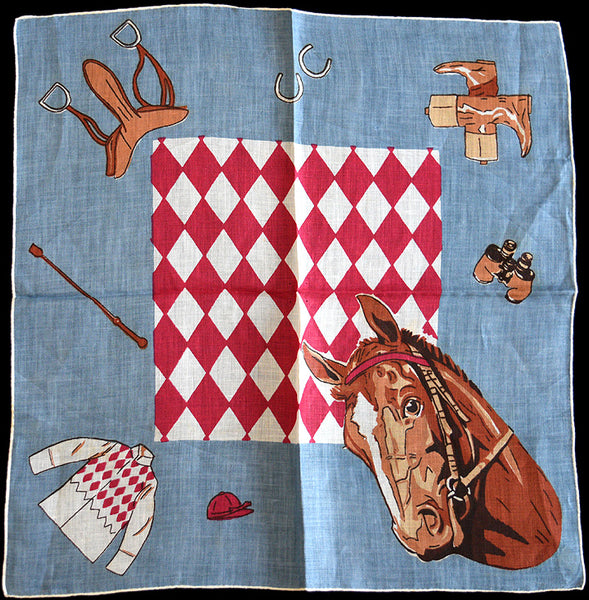 Burmel Equestrian Horse Irish Linen Vintage Handkerchief Grey