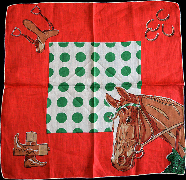 Burmel Equestrian Horse Irish Linen Vintage Handkerchief Red