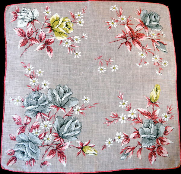 Roses on Coral Irish Linen Vintage Handkerchief, Burmel