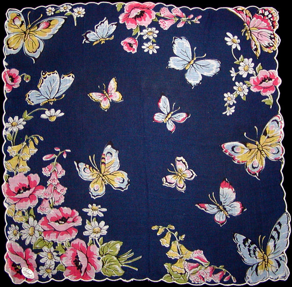 Butterflies & Flowers Vintage Handkerchief Burmel Original