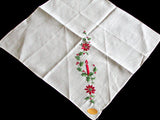 Christmas Candle & Poinsettias Embroidered Vintage Handkerchief
