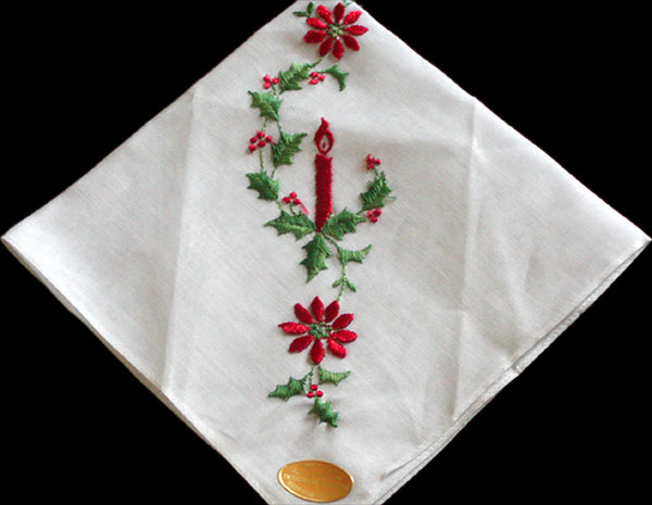 Christmas Candle & Poinsettias Embroidered Vintage Handkerchief