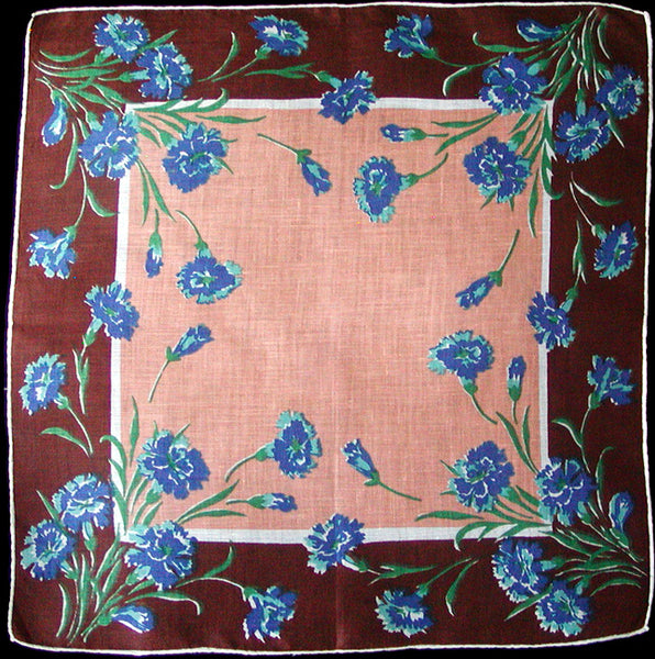 Blue Carnations Vintage Linen Handkerchief