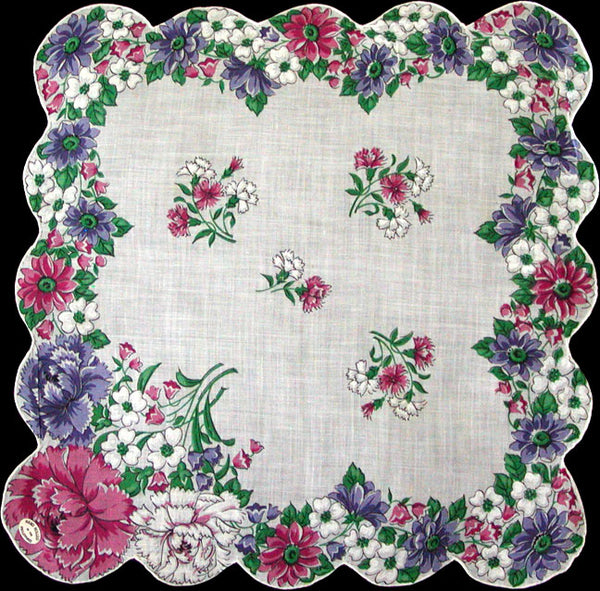 Spring Flowers Carnations in Pink & Purple Vintage Handkerchief