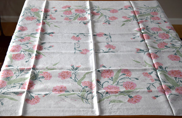 Pink Carnations Vintage Tablecloth, Linen 50x50