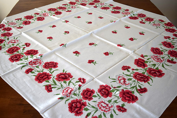 Red Carnations Vintage Tablecloth 52x48