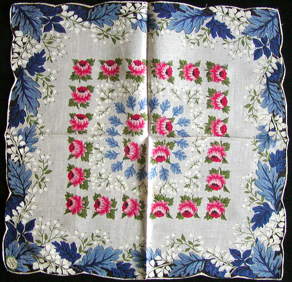 Oak Leaves and Mums Vintage Linen Handkerchief, Carol Stanley