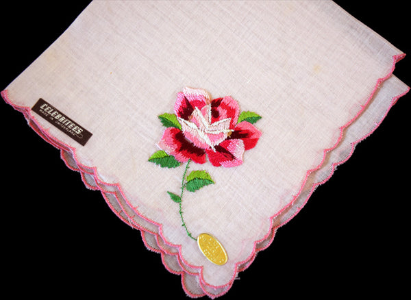 Embroidered Rose on Pink Vintage Handkerchief, Celebritees