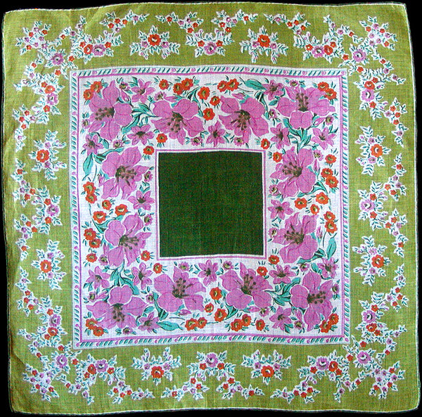 Chartreuse Floral Vintage Linen Handkerchief New Old Stock
