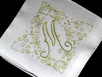 Madeira Embroidered Chartreuse Monogram M Vintage Handkerchief