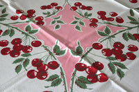 Cherries Heart Shaped Vines Pink Vintage Tablecloth 48x54