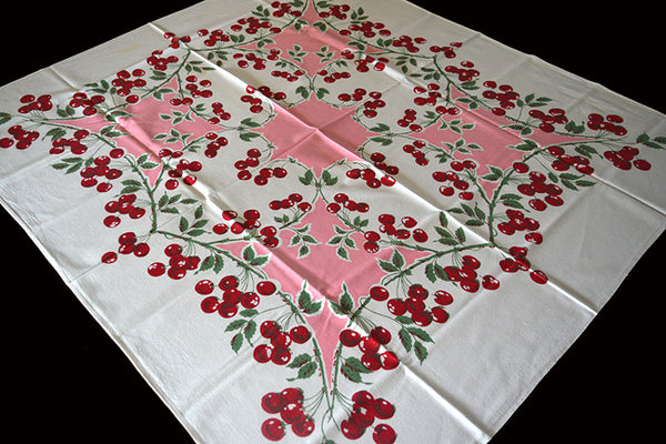 Cherries Heart Shaped Vines Pink Vintage Tablecloth 48x54