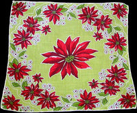 Red Poinsettias on Chartreuse Vintage Christmas Handkerchief