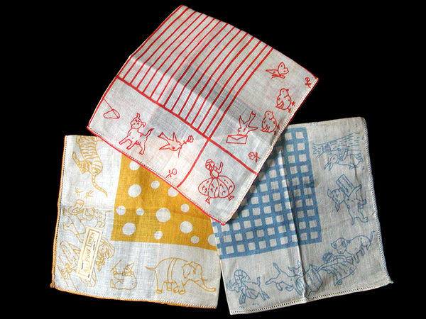 Set of 3 Vintage Childs Linen Handkerchiefs Animals