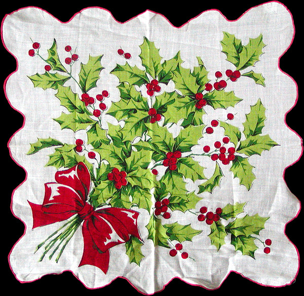 Bow Tied Christmas Holly Tussie-Mussie Vintage Handkerchief