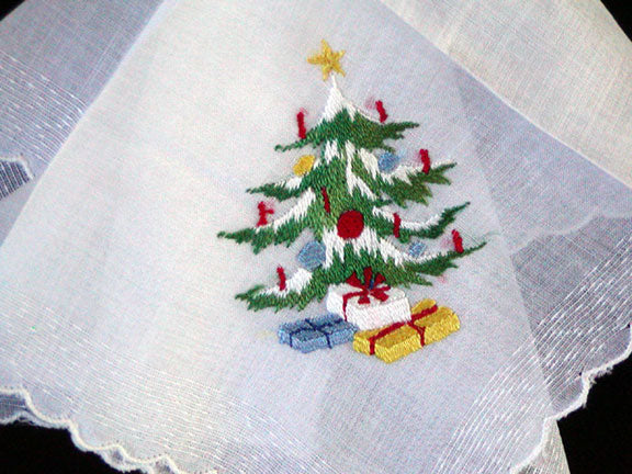 Christmas Tree w Presents Embroidered Vintage Handkerchief