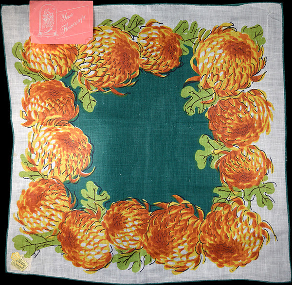 November Flower of the Month Vintage Linen Handkerchief Kimball