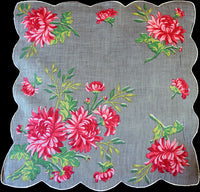 Chrysanthemums on Gray Irish Linen Vintage Handkerchief 15"