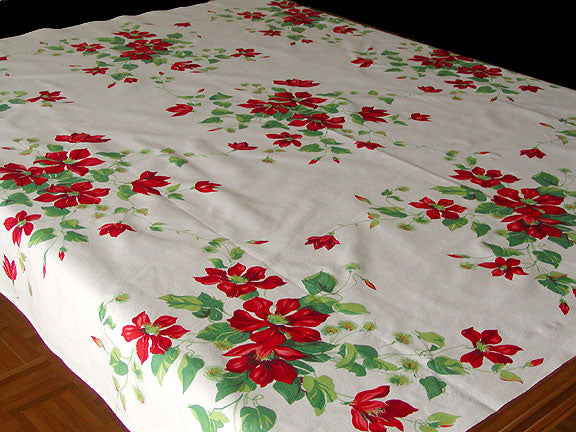 Wilendur Red Clematis Vintage Tablecloth 48x54