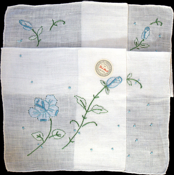Blue Embroidered Roses White Linen Vintage Handkerchief Madeira