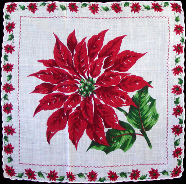 Big Red Poinsettia Vintage Christmas Handkerchief Unused