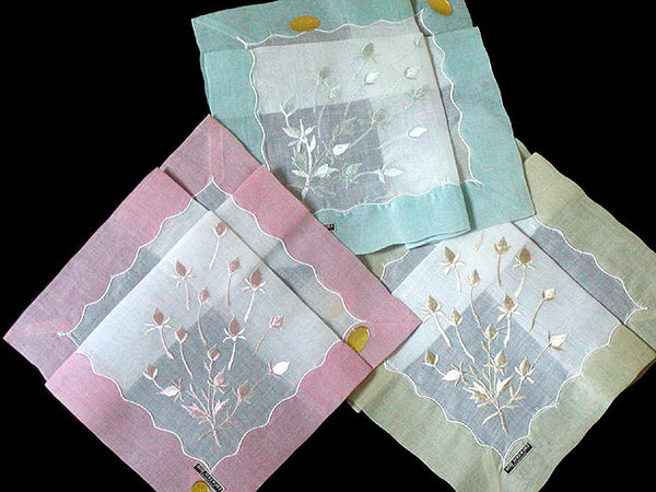 Set of 3 Embroidered Vintage Handkerchiefs, New Old Stock
