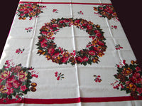 Color-fornia Fruit and Floral Wreath Vintage Tablecloth 51x51