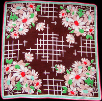 Flowers w Grid Brown Vintage Irish Linen Handkerchief