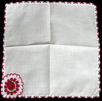 Red and White Crochet Lace Rosette Vintage Handkerchief