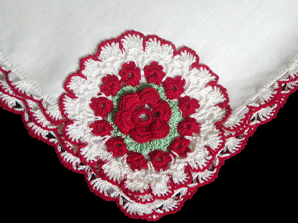 Red and White Crochet Lace Rosette Vintage Handkerchief