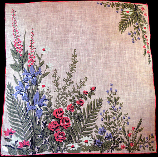 Iris and Rose Garden Irish Linen Vintage Handkerchief