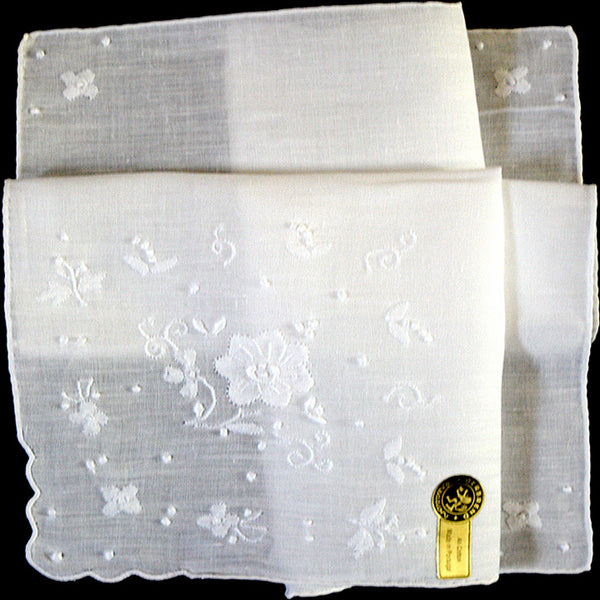 Embroidered White Floral Madeira Linen Vintage Handkerchief