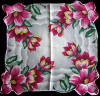 Cranberry Tropical Flower Vintage Handkerchief Hand Rolled