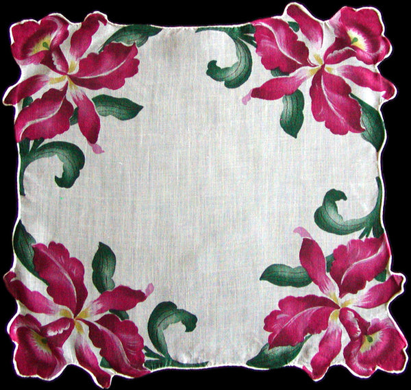 Cranberry Orchids Vintage Handkerchief Hand Rolled