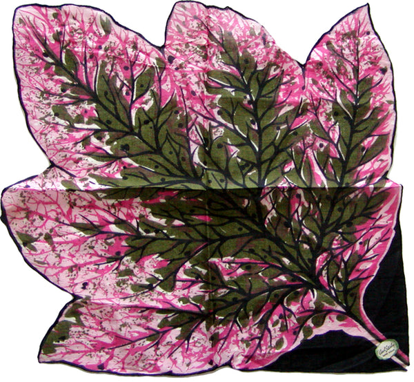 Carol Stanley Big Pink & Black Leaf Vintage Handkerchief