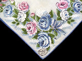 Carol Stanley Blue & Pink Roses Irish Linen Vintage Handkerchief