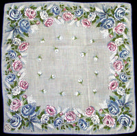 Carol Stanley Blue & Pink Roses Irish Linen Vintage Handkerchief