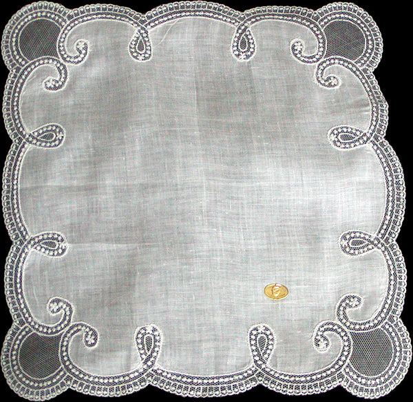 Curlicue White Linen Lace Border Vintage Wedding Handkerchief