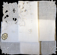 Cutwork Embroid White Floral Vintage Madeira Linen Handkerchief